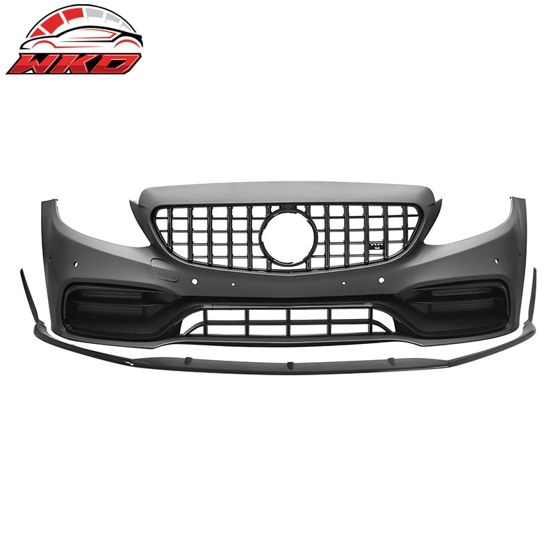 For 15¨C21 Benz C-Class 19+ C63 Front Bumper Cover Kit W/ Gloss Black Grille +Lip