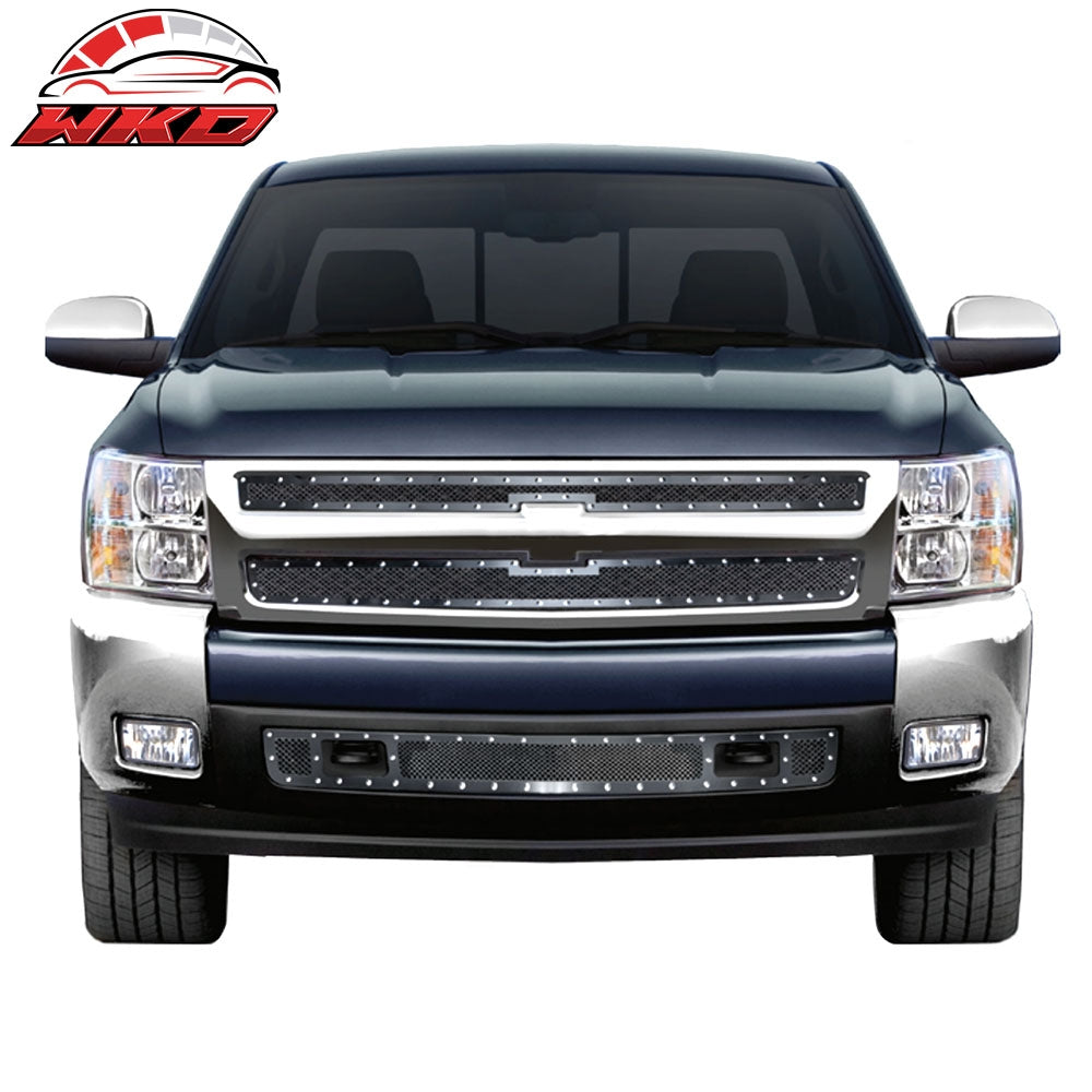 Fits 07-13 Chevy Silverado 1500 Mesh Lower Grille Insert Black w/ Chrome Rivets