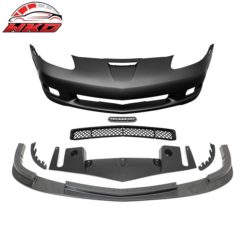 Fits 06-13 Corvette C6 Front Bumper Cover Z06 Style w/ Carbon Fiber Print Lip