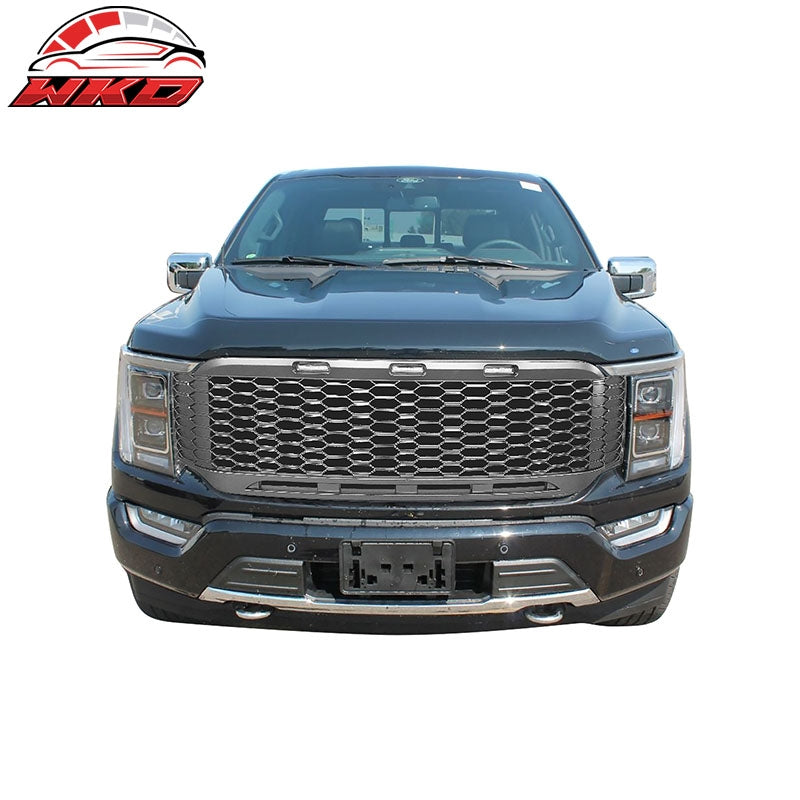 Fits 2021-2023 Ford F-150 Gray Front Mesh Hood Grill Grille ABS R Style W/LED