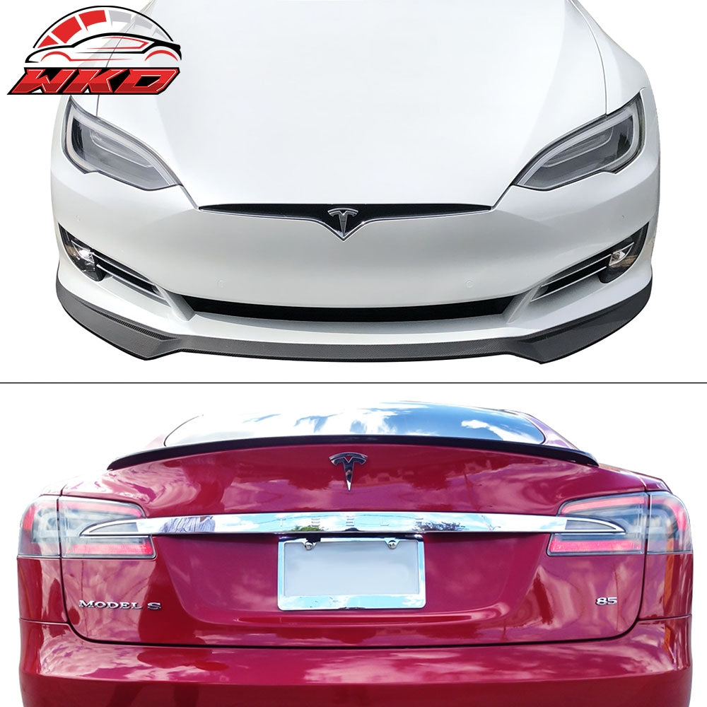 Fit 17-20 Tesla Model S IKON Style Front Bumper Lip + Trunk Spoiler Carbon Fiber