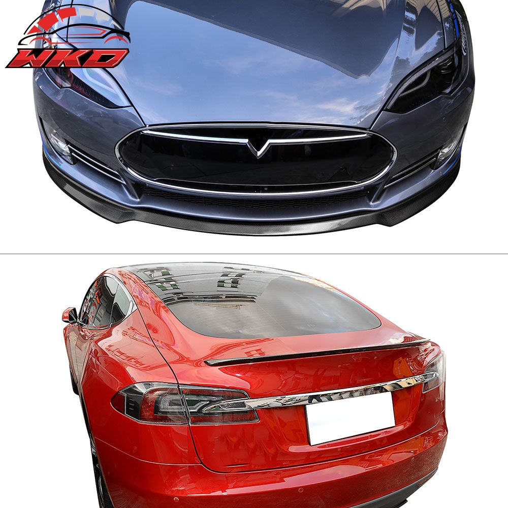Fits 12-16 Tesla Model S Front Bumper Lip & OE Style Trunk Spoiler Carbon Fiber