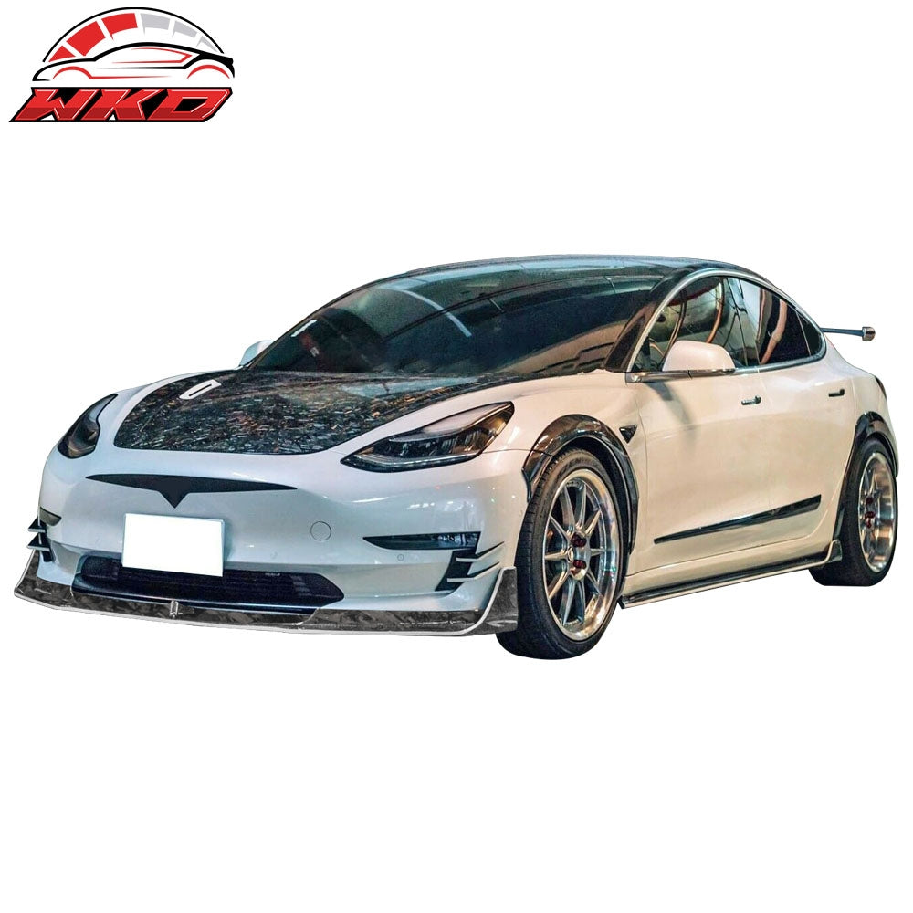 Fits 17-23 Tesla Model 3 V Style Front Bumper Lip 3PC - Forged Carbon Fiber