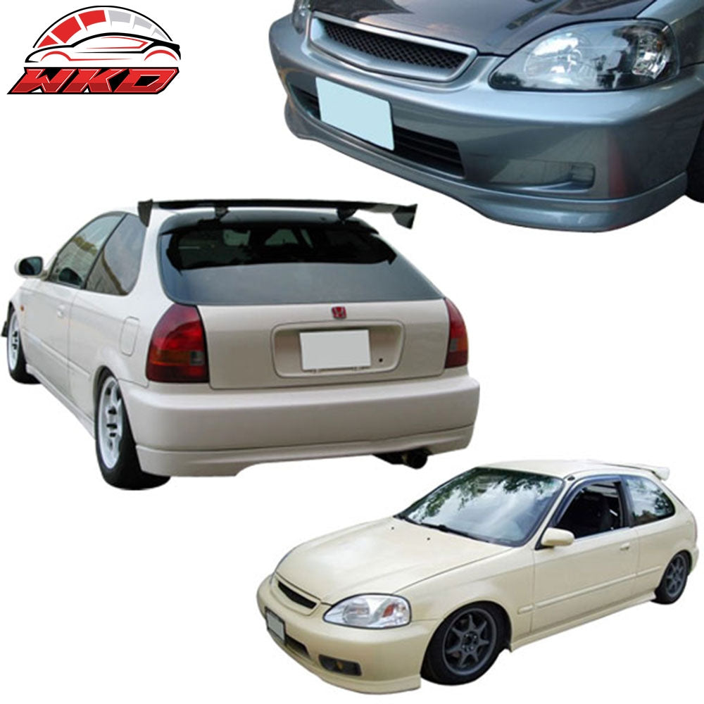 Fits 99-00 Honda Civic 3Dr T-R Front + Rear Bumper Lip + Grille + Window Visor