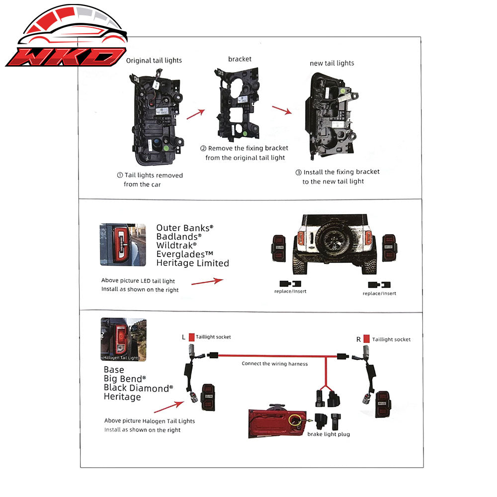 Fits 21-24 Ford Bronco 2/4 Door Red LED Tail Lights Rear Lamps Assembly Pair