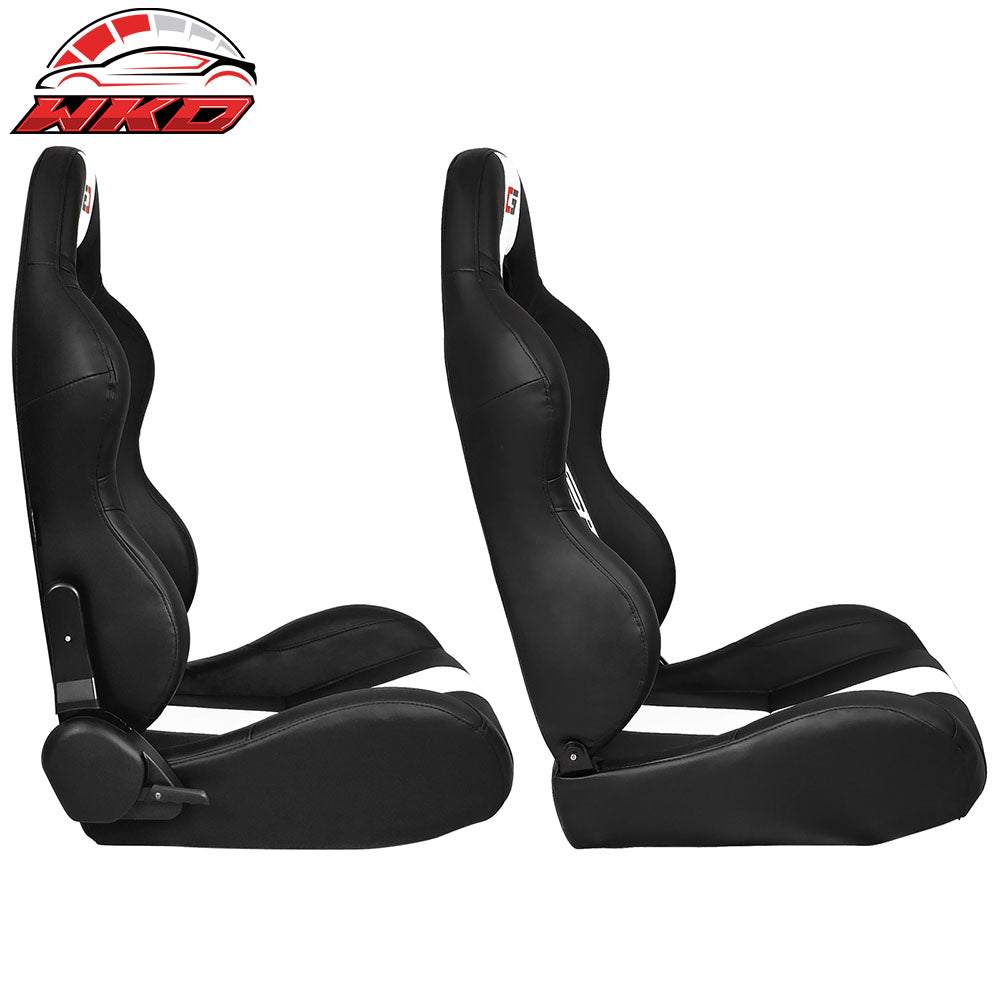 Universal Pair Reclinable Racing Seat Dual Slider Black PU WH Stripe