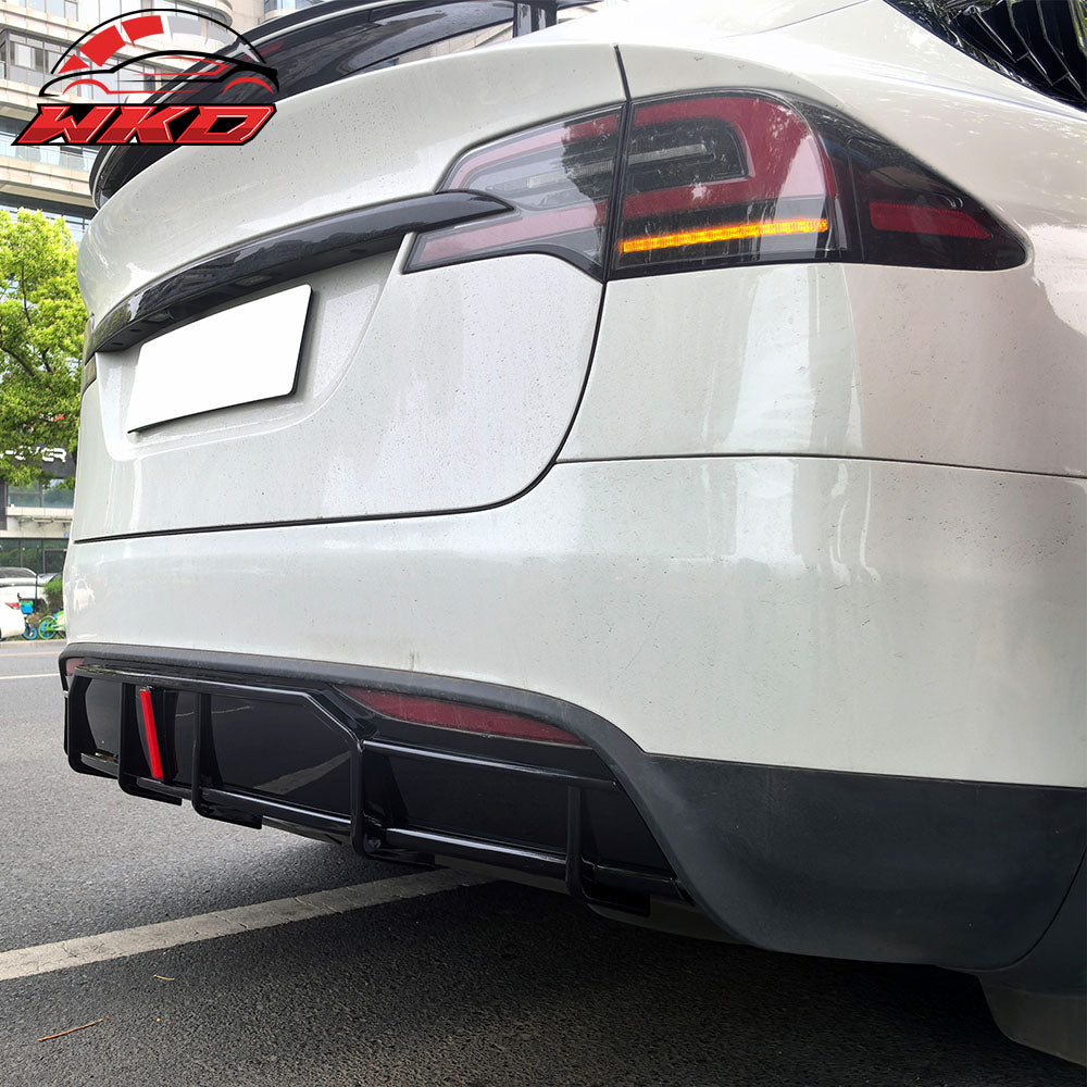 Fits 22-25 Tesla Model X IKON Style Rear Bumper Lip Diffuser W/LED Gloss Black