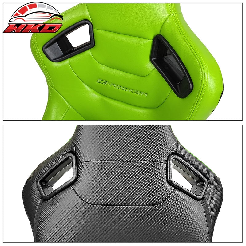 Universal Pair Reclinable Racing Seat + Dual Slider Green PU & Carbon Leather