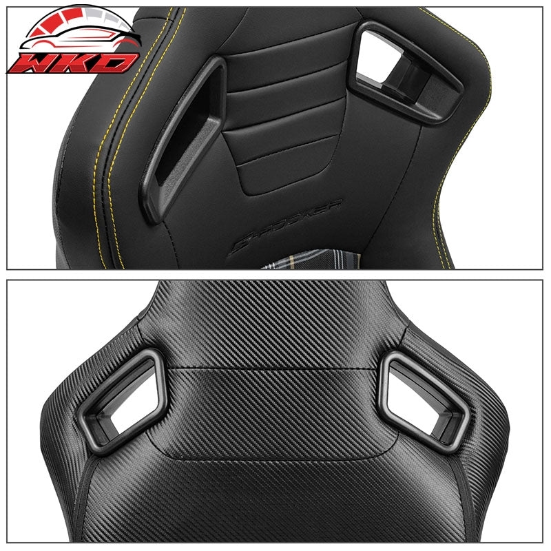 Universal Reclinable Racing Seat 2PC Dual Slider PU Carbon Leather Yellow Plaid