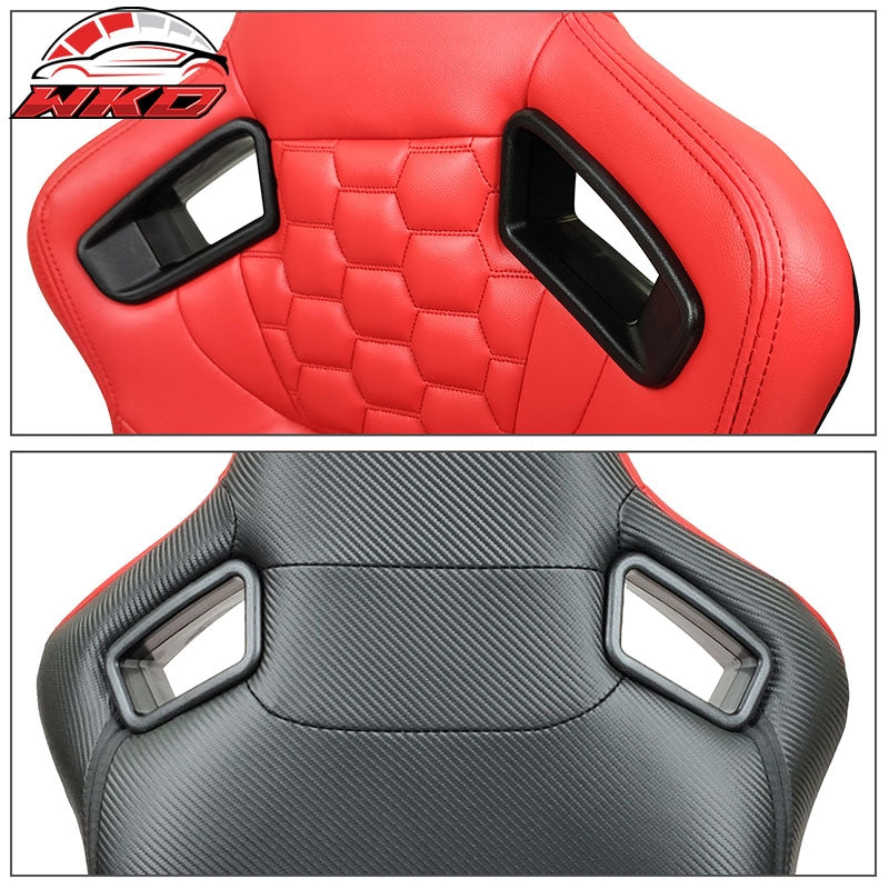 Universal X2 Reclinable Honeycomb Racing Seat +Dual Slider Red PU Carbon Leather