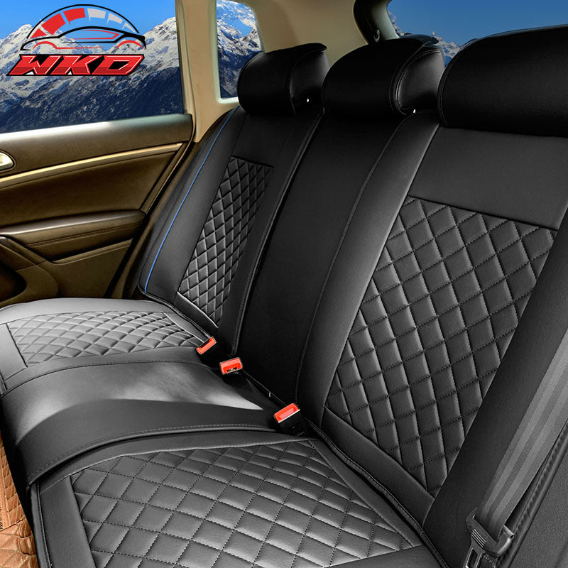 Universal Front Back Car Seat Cover 03 Style Black + Blue PU Leather 5-Seat Set