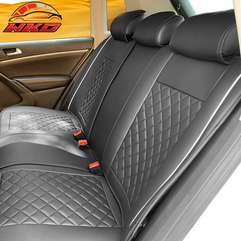 Universal Front Back Car Seat Cover 03 Style Black + White PU Leather 5-Seat Set