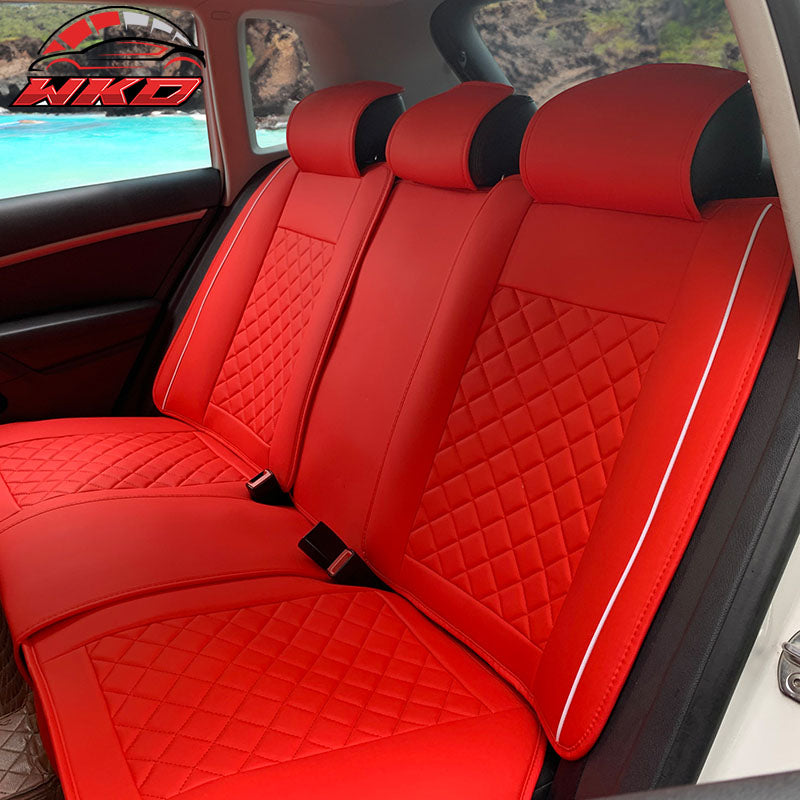 Universal Front Back Car Seat Cover 03 Style Red + White PU Leather 5-Seat Set