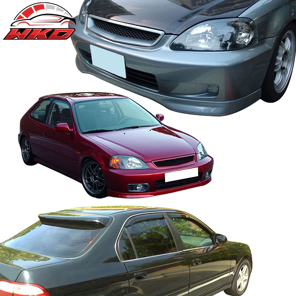 Fits 99-00 Honda Civic TR Style Front Bumper Lip PP + Grille + 4PCS Window Visor