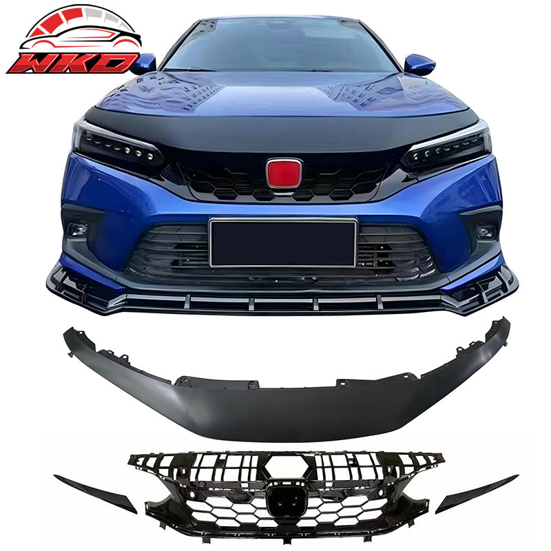 Fits 22-24 Honda Civic Sedan 4Dr SI Style Front Upper Grille + Front Garnish