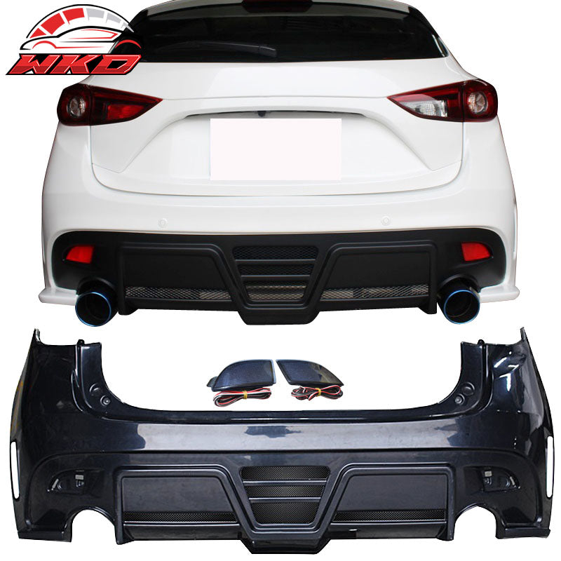 Fits 14-16 Mazda 3 Hatchback KS Style ABS Unpainted Rear Bumper W/ Black LED