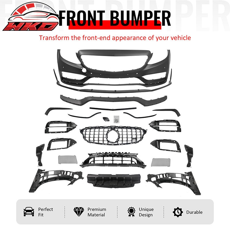 For 15¨C21 Benz C-Class 19+ C63 Front Bumper Cover Kit W/ Chrome Trim Grille +Lip