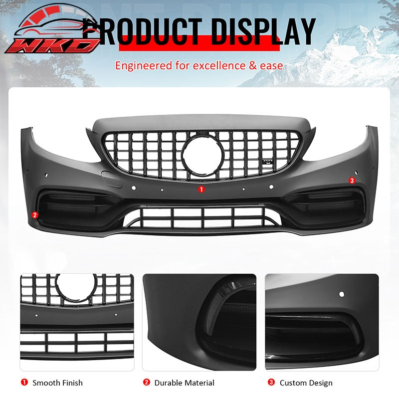 For 15¨C21 Benz C-Class 19+ C63 Front Bumper Cover Kit W/ Chrome Trim Grille +Lip