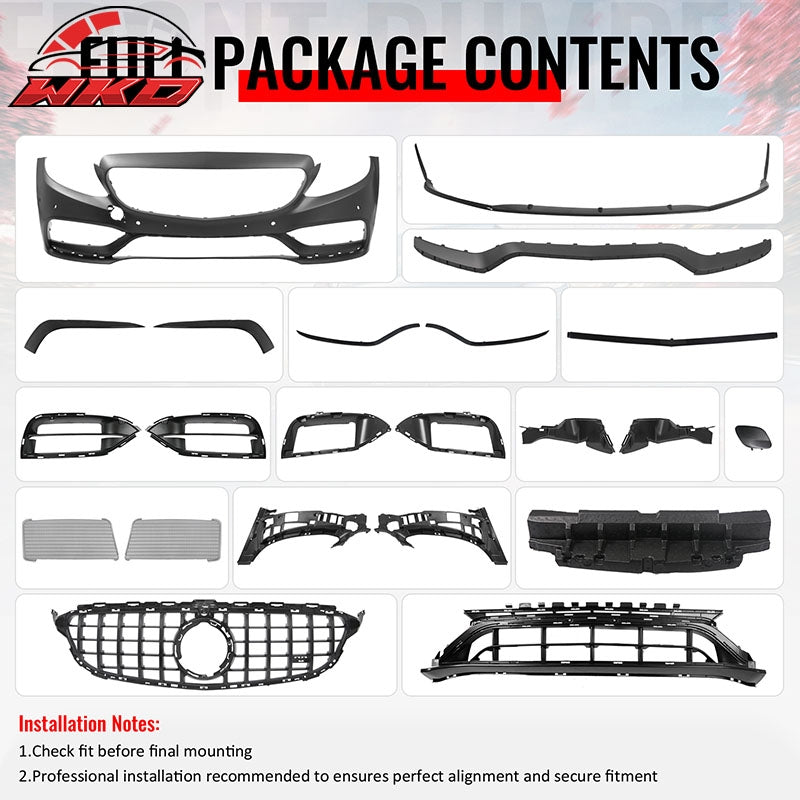 For 15¨C21 Benz C-Class 19+ C63 Front Bumper Cover Kit W/ Gloss Black Grille +Lip
