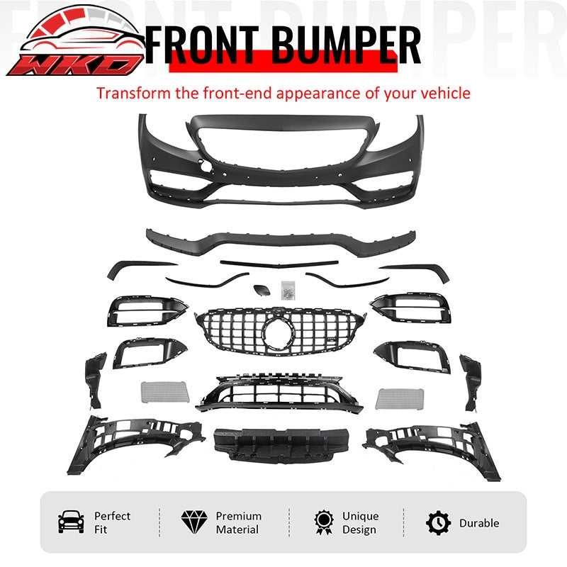 For 15¨C21 Benz C-Class W205 19+ C63 Front Bumper Cover Kit W/ Gloss Black Grille