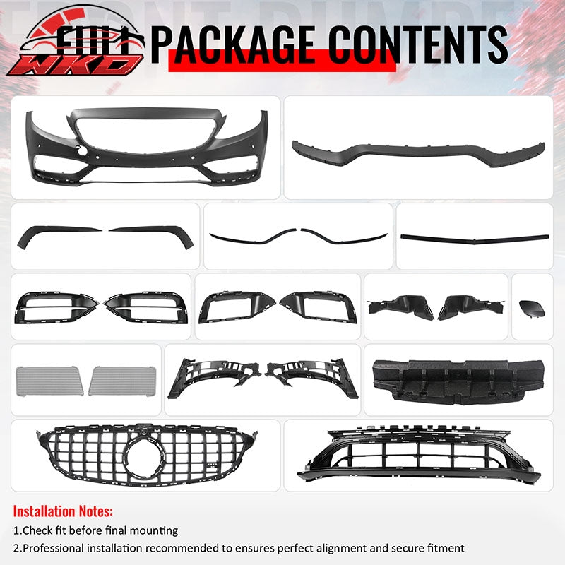 For 15¨C21 Benz C-Class W205 19+ C63 Front Bumper Cover Kit W/ Gloss Black Grille