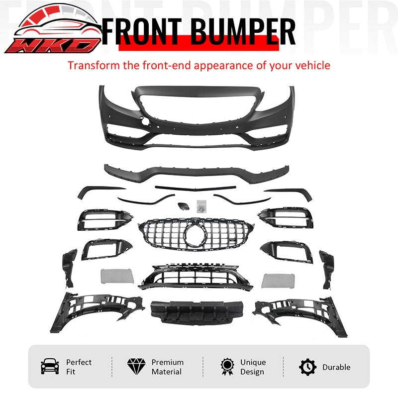 For 15¨C21 Benz C-Class W205 2019+ C63 Front Bumper Cover Kit W/ Chrome Grille