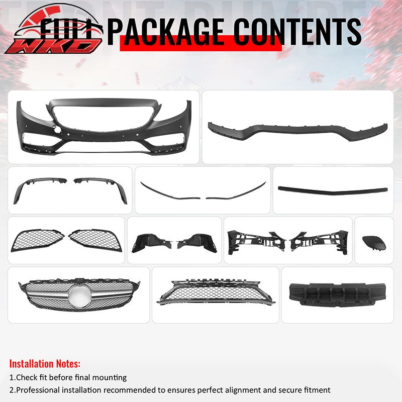 Fits 15¨C21 Benz C-Class W205 C63 Style Front Bumper Cover Kit W/ Silver Grille