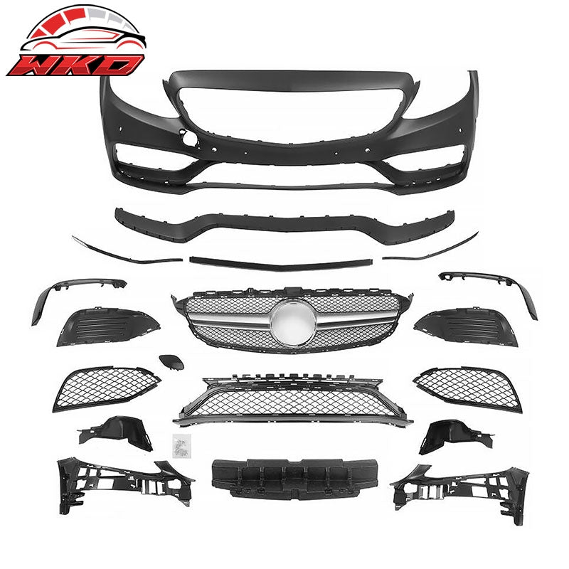 Fits 15¨C21 Benz C-Class W205 C63 Style Front Bumper Cover Kit W/ Silver Grille