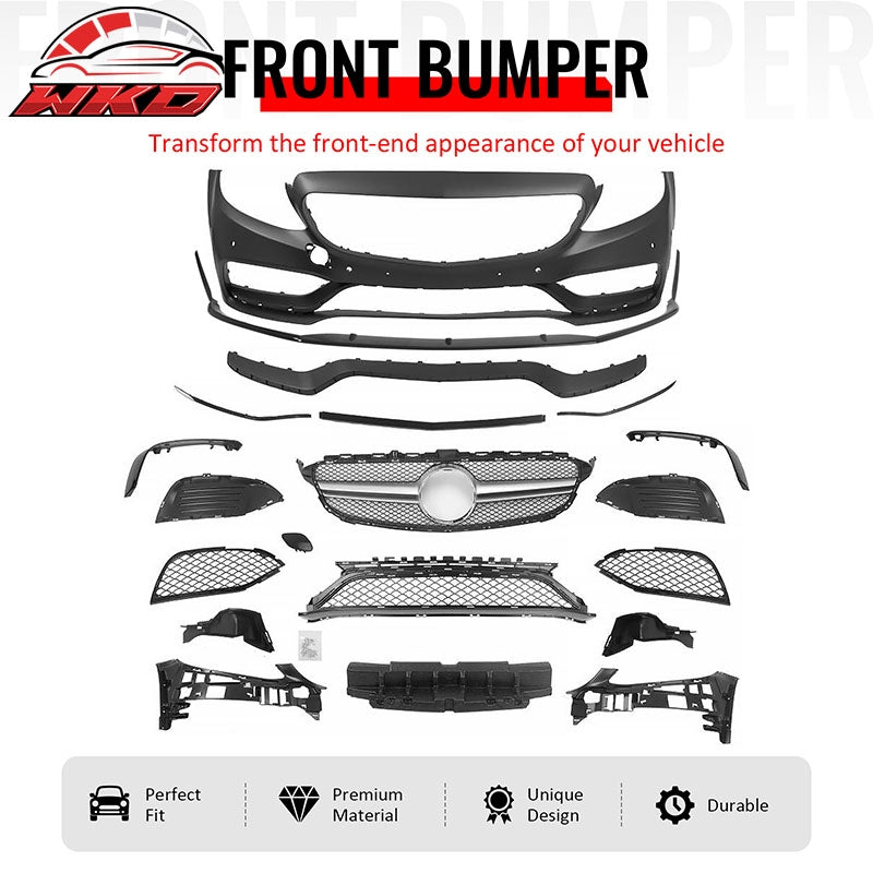 Fits 15¨C21 Benz C-Class W205 C63 Front Bumper Cover W/ Silver Grille + Lower Lip