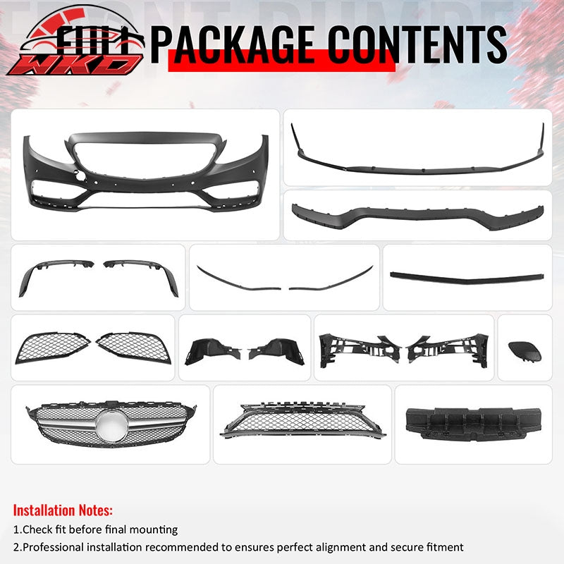 Fits 15¨C21 Benz C-Class W205 C63 Front Bumper Cover W/ Silver Grille + Lower Lip