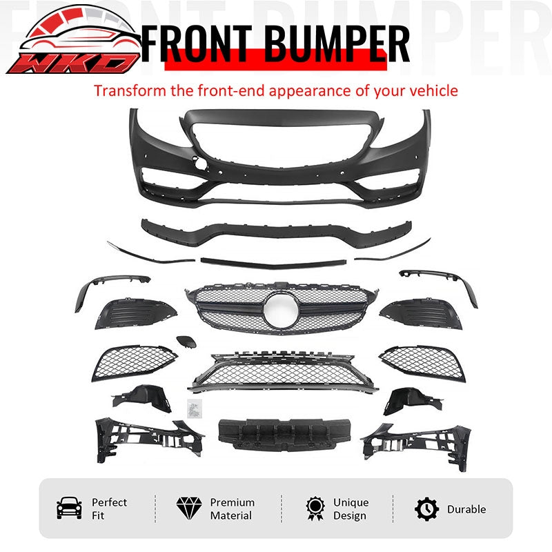 Fits 15¨C21 Benz C-Class W205 C63 PP Front Bumper Cover Kit W/ Gloss Black Grille