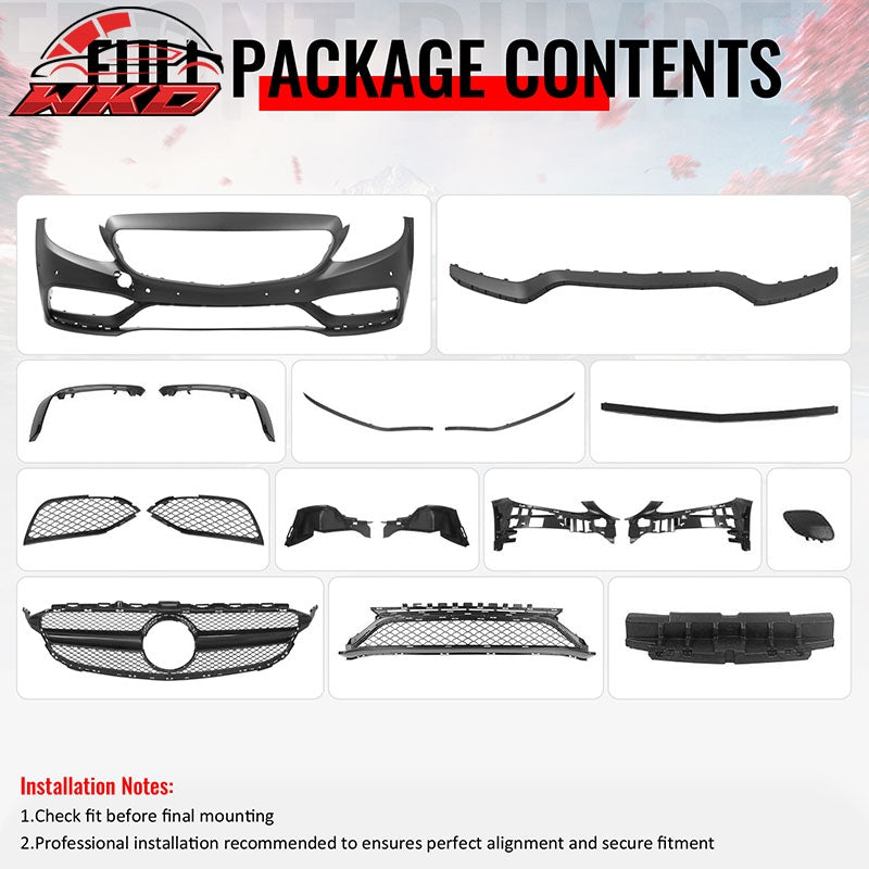 Fits 15¨C21 Benz C-Class W205 C63 PP Front Bumper Cover Kit W/ Gloss Black Grille
