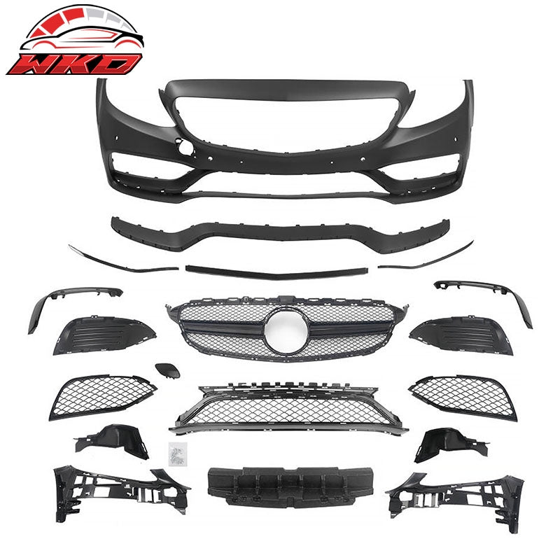 Fits 15¨C21 Benz C-Class W205 C63 PP Front Bumper Cover Kit W/ Gloss Black Grille