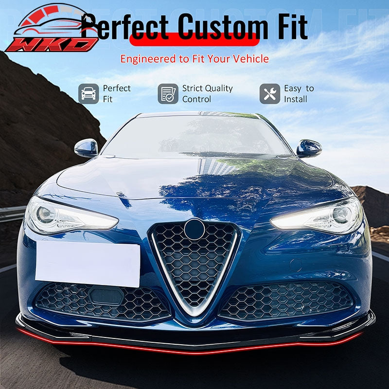 Fits 17-21 Alfa Romeo Giulia Standard Bumper IKON Front Lip 3PCS Gloss Black ABS