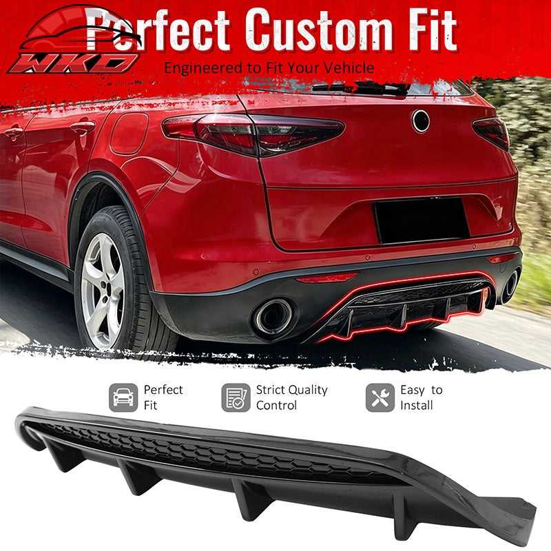 Fits 17-26 Alfa Romeo Stelvio Gloss Black V Style Rear Bumper Diffuser Guard ABS