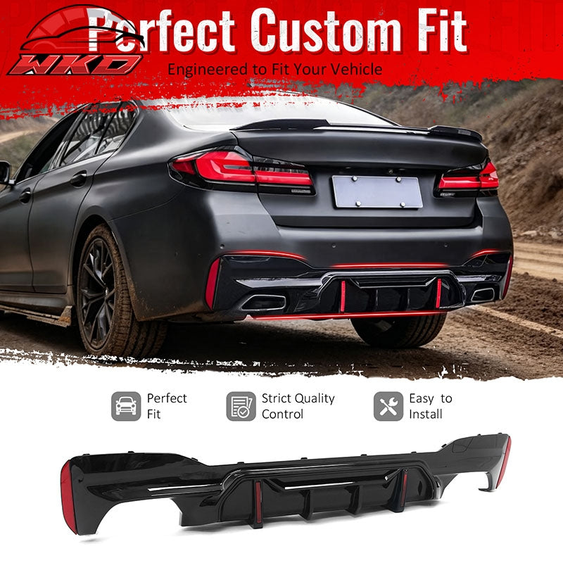 Fits 17-23 BMW 5 Series G30 M Sport Gloss Black IKON Style Rear Diffuser w/ LED