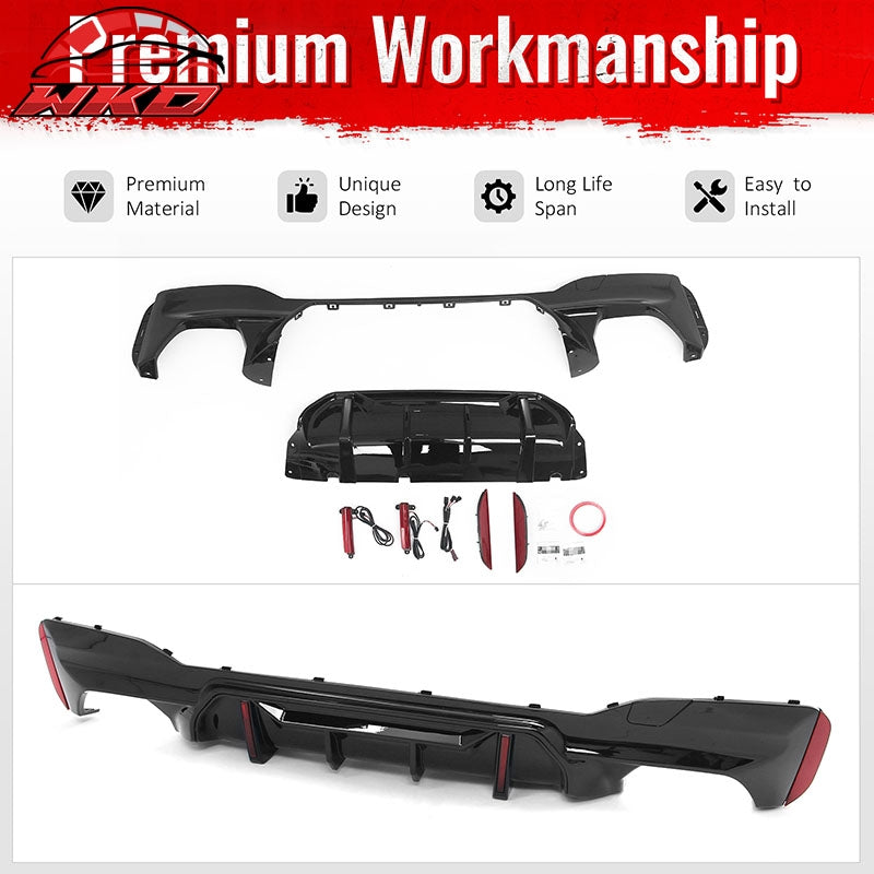 Fits 17-23 BMW 5 Series G30 M Sport Gloss Black IKON Style Rear Diffuser w/ LED