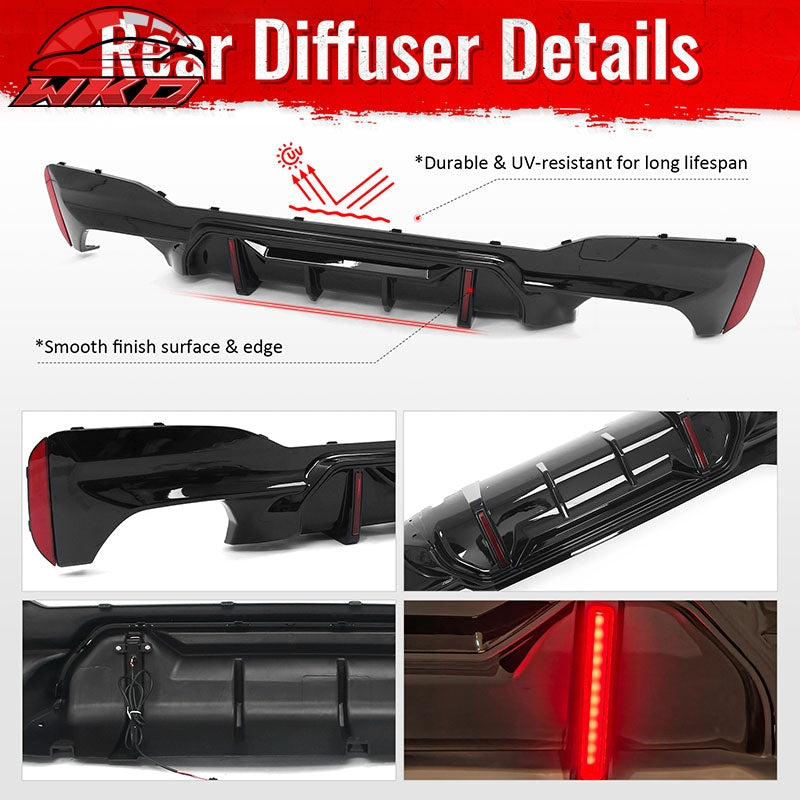 Fits 17-23 BMW 5 Series G30 M Sport Gloss Black IKON Style Rear Diffuser w/ LED