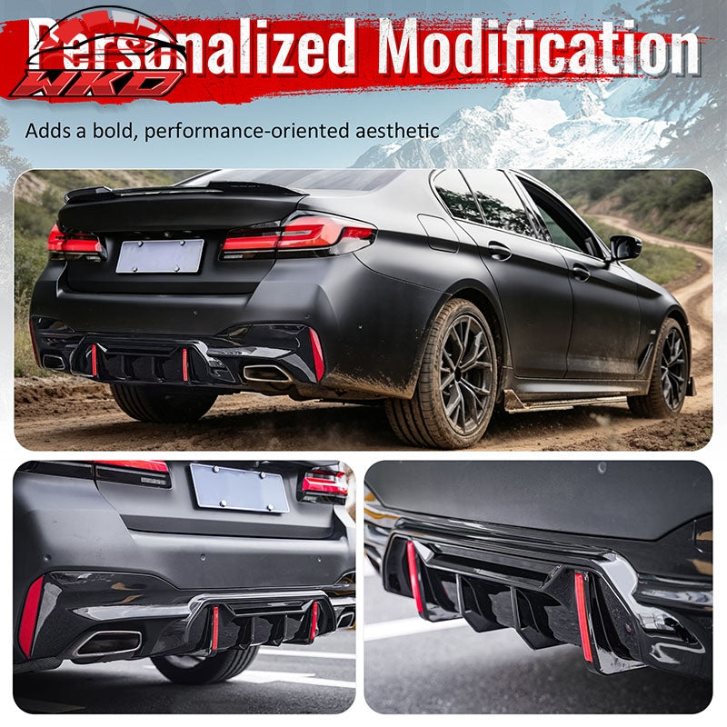 Fits 17-23 BMW 5 Series G30 M Sport Gloss Black IKON Style Rear Diffuser w/ LED