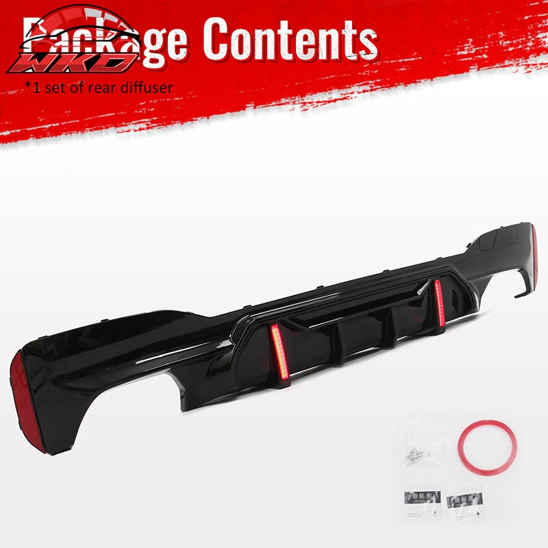 Fits 17-23 BMW 5 Series G30 M Sport Gloss Black IKON Style Rear Diffuser w/ LED