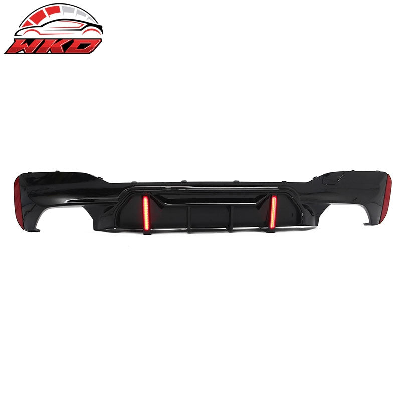 Fits 17-23 BMW 5 Series G30 M Sport Gloss Black IKON Style Rear Diffuser w/ LED
