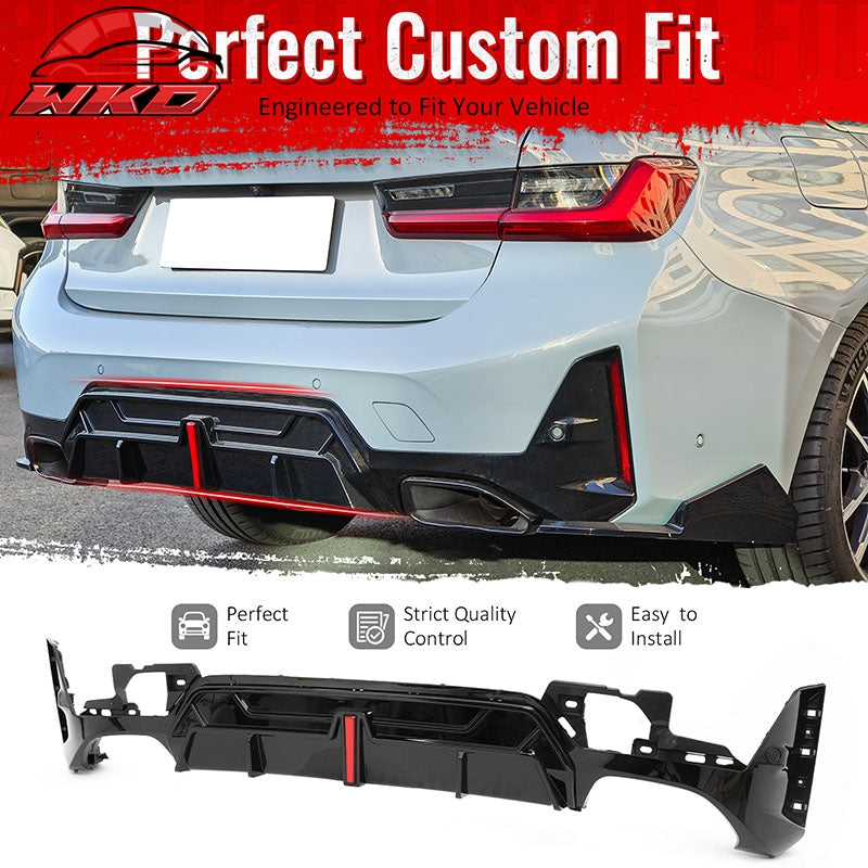 Fits 23-26 BMW G20 3-Series IKON Rear Bumper Diffuser W/LED Light PP Gloss Black