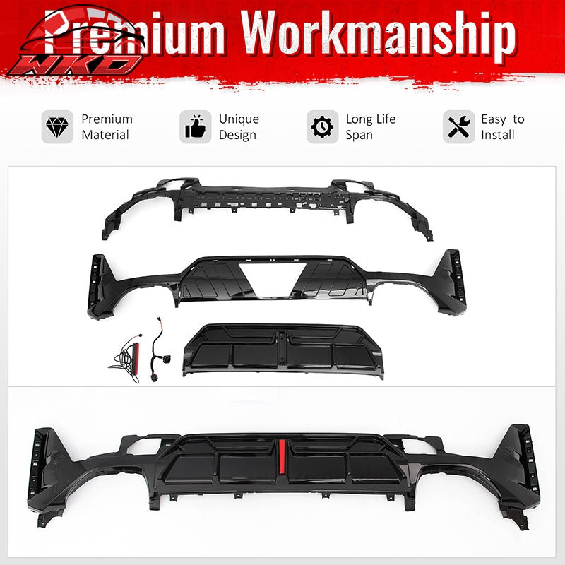 Fits 23-26 BMW G20 3-Series IKON Rear Bumper Diffuser W/LED Light PP Gloss Black