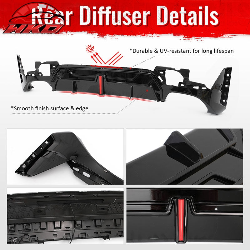 Fits 23-26 BMW G20 3-Series IKON Rear Bumper Diffuser W/LED Light PP Gloss Black