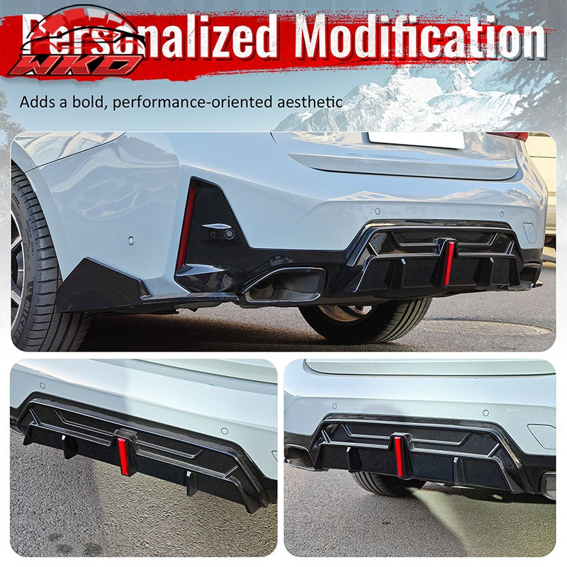Fits 23-26 BMW G20 3-Series IKON Rear Bumper Diffuser W/LED Light PP Gloss Black