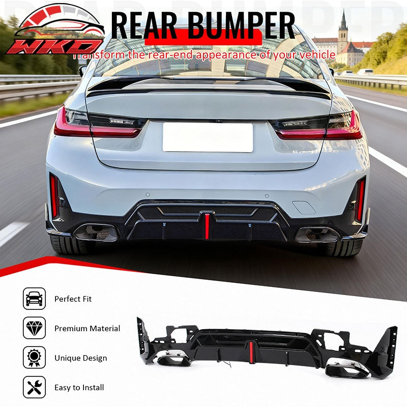 Fits 23-26 BMW G20 3-Series IKON Rear Diffuser W/LED & Exhaust Tips Gloss Black