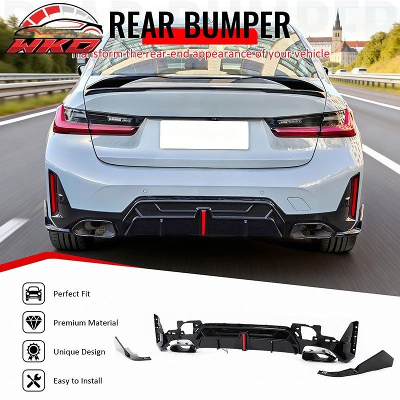 Fits 23-26 BMW G20 3-Series Rear Diffuser W/LED + Apron +Exhaust Tip Gloss Black