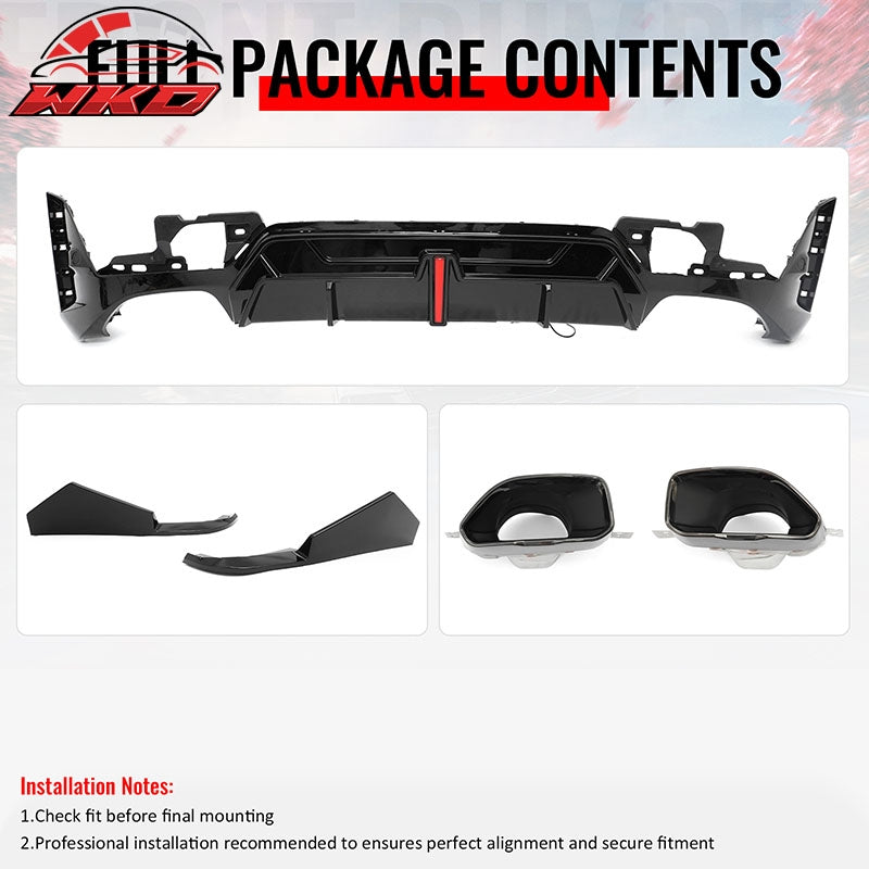 Fits 23-26 BMW G20 3-Series Rear Diffuser W/LED + Apron +Exhaust Tip Gloss Black