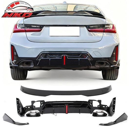 Wholesale 23-26 BMW G20 Rear Diffuser W/LED + Apron + Tip + Trunk Spoiler Gloss Black - Wikond Auto