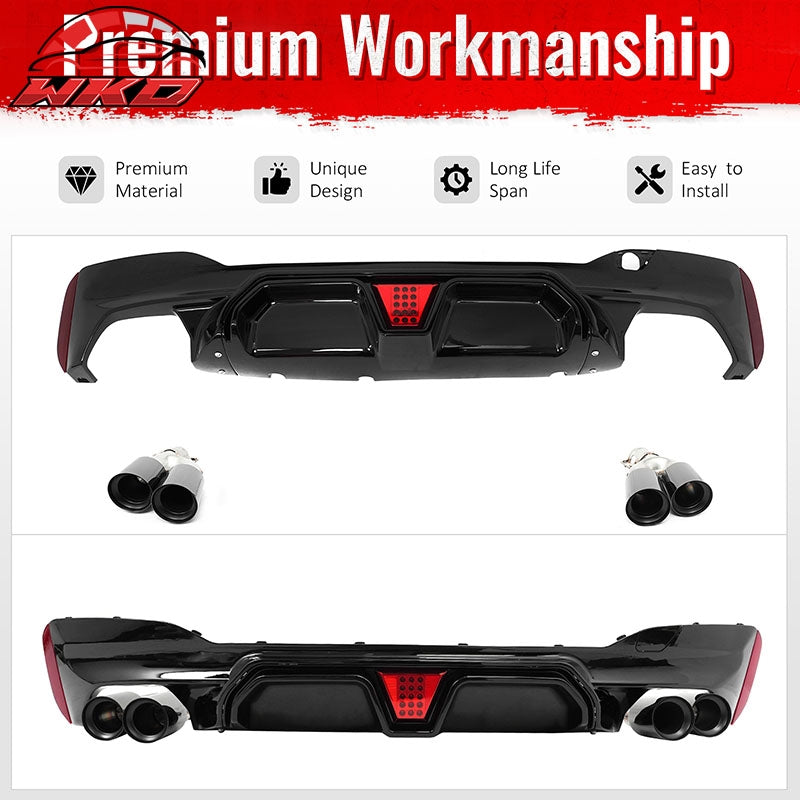 Fits 17-20 BMW G30 5 Series CS Style Rear Diffuser w/ LED + Black Quad Exhaust